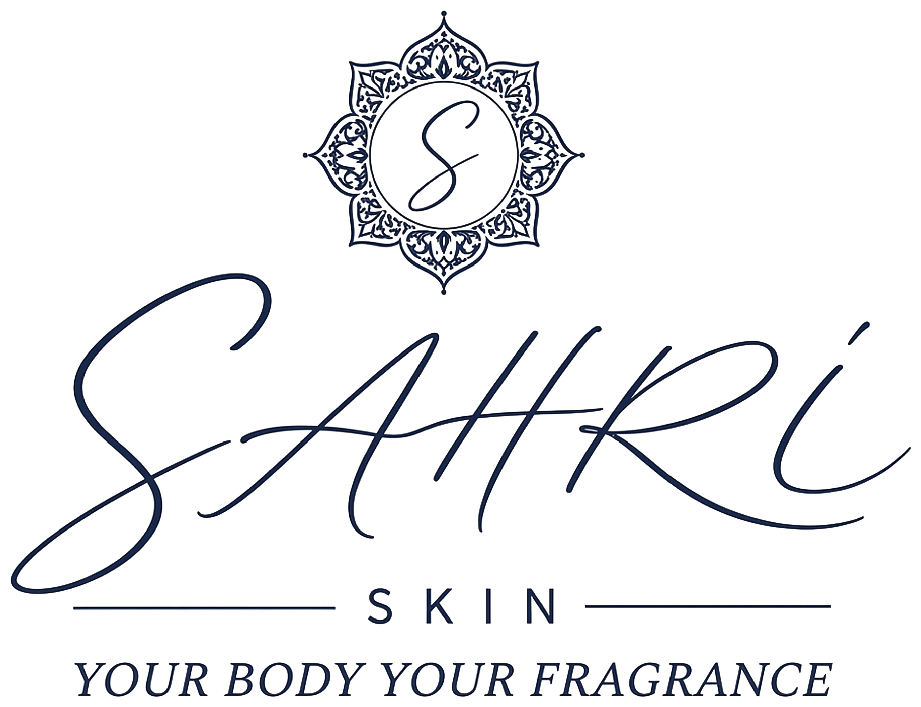 Logo SAHRI SKIN — calligraphie navy et or sur fond transparent